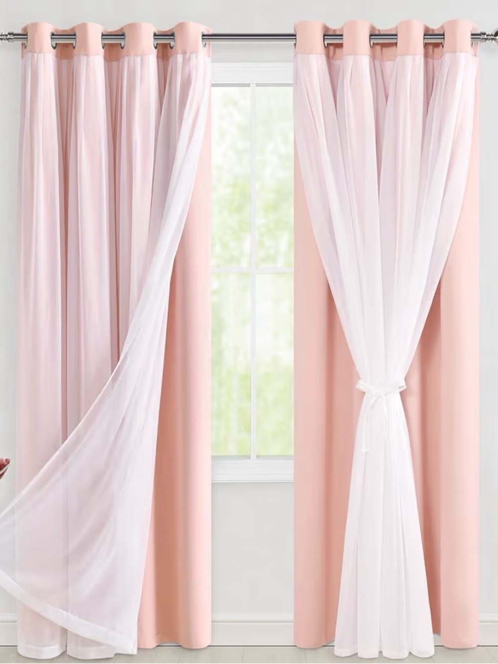 Blush Pink Blackout Curtains with White Sheer Panels 52x84